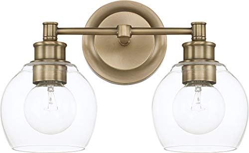 Capital Lighting 121121AD-426 Mid-Century Clear Glass Bath Vanity Wall Mount, 2-Light 200 Total Watts, 10" H x 15" W, Aged Brass