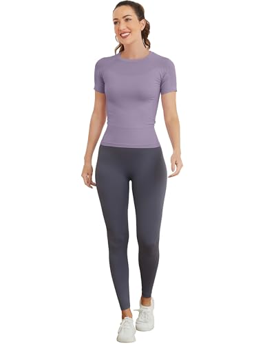Image of MathCat Short Sleeve Workout Tops for Women, Seamless Women's Compression Shirt, Yoga Running Athletic Shirts Soft Gym Tops