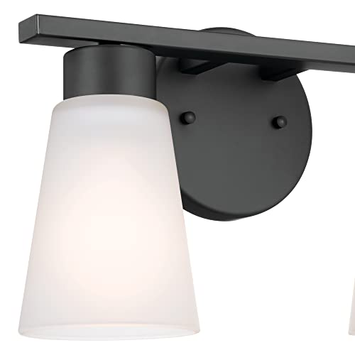 Image of Kichler Stamos 2-Light Bathroom Vanity Light Fixture with Satin Etched Glass Shades, Modern Wall Light in Black for over Mirror Lighting Installation, 13 in x 8 in x 5 in, 55120BK