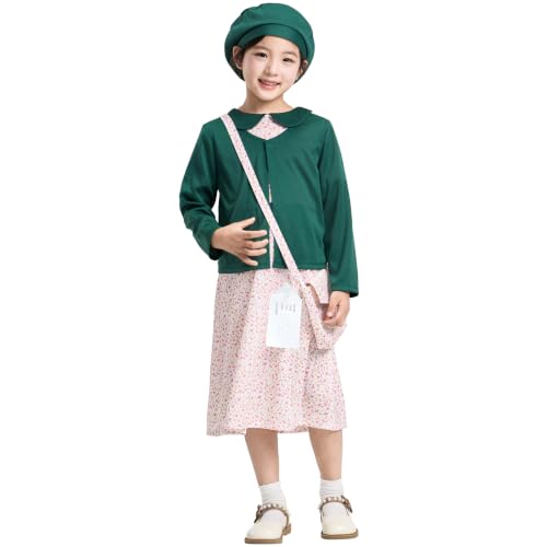 IKALI Girls Evacuee Costume 4 Pcs VE Day WW2 Costumes 1940s WWII Historical Dresses Outfit Fancy Dress Up for Kids 10-12Y