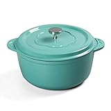 M-COOKER Horno holandés de hierro fundido esmaltado redondo de 4 cuartos de galón con tapa, mango de diseño de hojas para hornear, asar, estofar, gas, eléctrico, inducción, verde