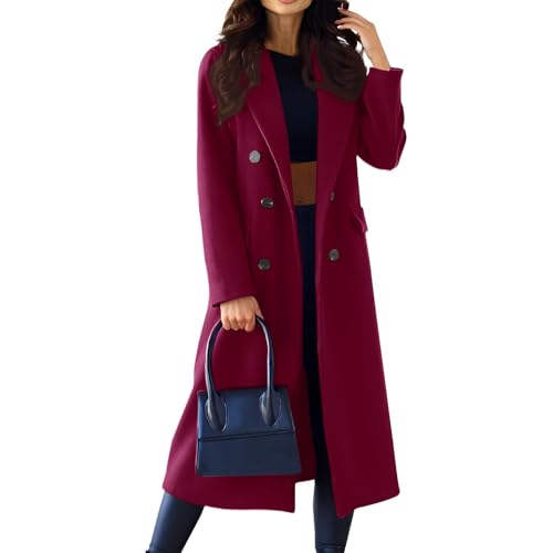 Image of Pea Coats For Women Classic Notch Lapel Double Breasted Trench Coat Warm Open Front Long Sleeve Overcoat Wool Blend Long Jacket Outerwear Chic Winter Coats With Pockets(A-Wine,XL)