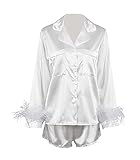 Rmasyea Women Satin Pajamas Set 2pcs Silk Cami Shorts Nighwear Party Sleepwear with Feather Trim (White, X-Small)
