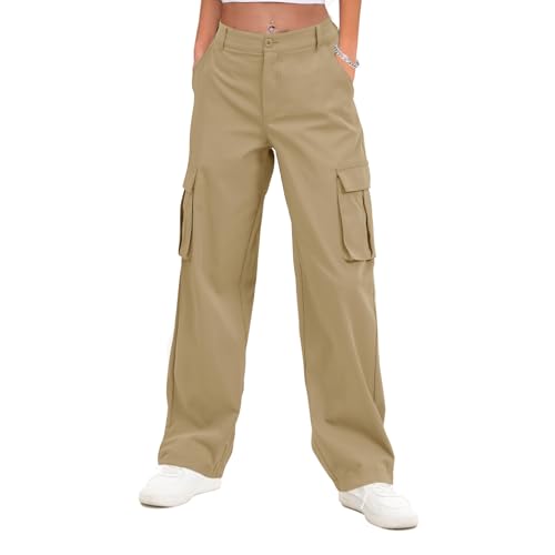 Gracyoga Khaki Cargo Pants for Women 2025 High Waisted Wide Leg Casual Pants Y2k Streetwear with 6 Pockets XX-Large