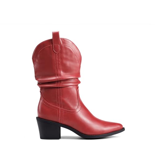 Image of DREAM PAIRS Women's Cowgirl Boots, Mid Calf Western Cowboy Chunky Heel Boots, Slouchy & Pull-on Ankle Booties for women