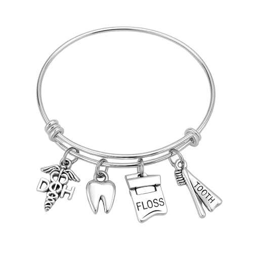 Infinity Collection Dental Hygienist Charm Bracelet – Adjustable Bangle With Tooth, Caduceus, Floss & Brush Charms – Dentist, Dental Assistant, Technician Gift For Women – Includes Velvet Pouch by Infinity Collection - Used condition - US$10.07