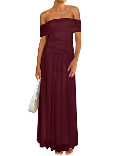 Image of MASCOMODA Women Off The Shoulder Mesh Maxi Dress Bodycon Ruched Formal Sleeveless Pleated Cocktail Wedding Guest Long Dresses