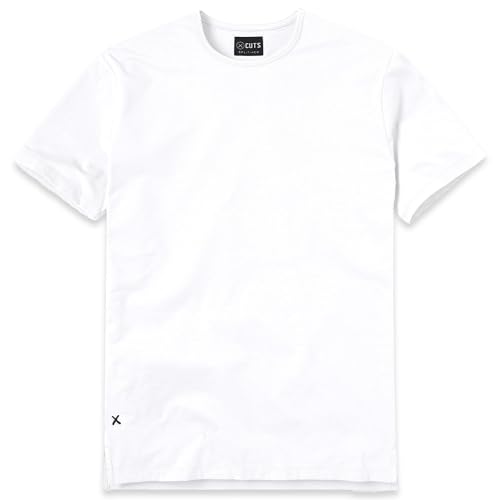 Cuts Clothing Men's Premium AO Crew Neck Casual Short Sleeve T-Shirt | Classic Split-Hem | PYCA Pro Soft Fabric | White, X-Large