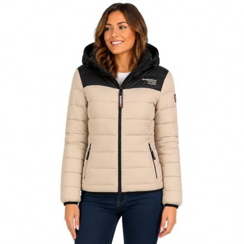 Geographical Norway Atikoclerc Hood doudoune femme fine matelassée à capuche – blouson léger avec poches latérales, impression devant et drapeau PVC manche, style casual mi-saison (Beige XL)