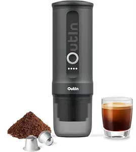 Outin Nano Portable Electric Espresso Machine with 3-4 Min Self-Heating, 20 Bar Mini Small 12V 24V Car Coffee Maker, Compatible with NS Capsule & Ground Coffee for Camping, Travel (Space Grey)