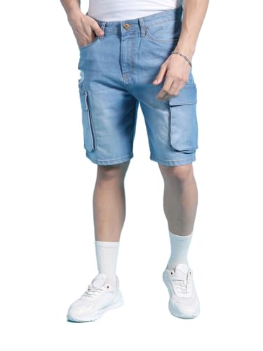 Image of The Indian Garage Co Men Relaxed Fit Solid Mid-Rise Denim Cargo Shorts
