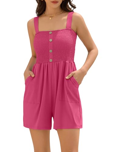 ZAFUL Women Summer Rompers Sleeveless Short Jumpsuit for Women Smocked Vacation Outfits Rose Red S