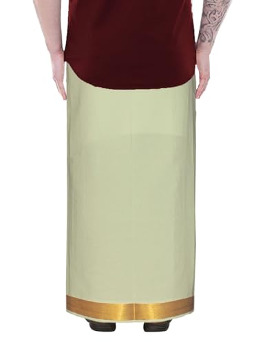 Image of PRAKASAM COTTON Velcro Pocket Dhoti for men, 2 inch Jari Border Mundu, Readymade Dhoti for men, South Indian Veshti