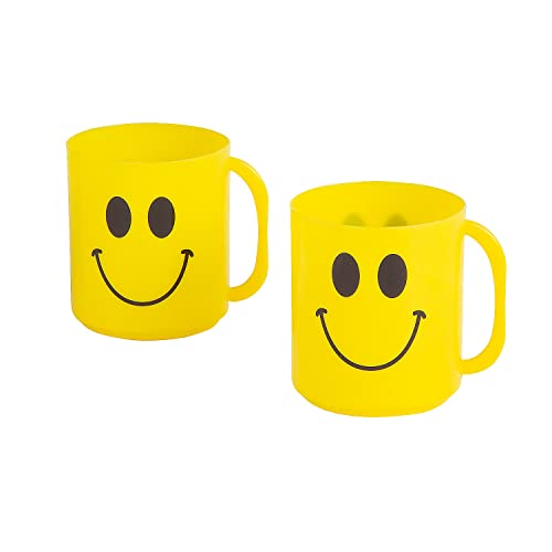Fun Express Retro Smile Face Cups with Handle - Retro -Themed Drinkware in Vibrant Yellow for Kids & Adults - Perfect for Parties Birthdays and Special Occasions - Durable Plastic Set of - 12 Pieces