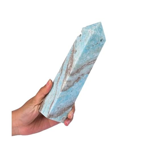AMOYSTONE Large Crystal Geode Tower Blue Hemimorphite Pointed Wand Obelisk Healing Reiki, Chakra, Home Décor 1.7-2 LBS 1.7-2 Pound Hemimorphite