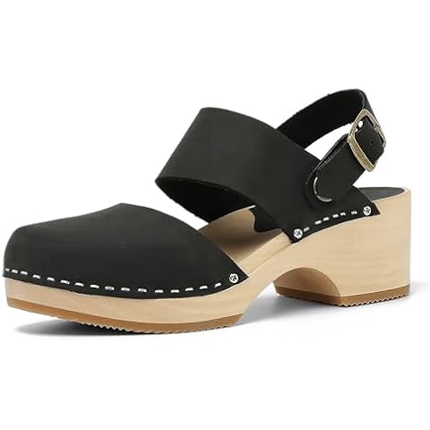 Women's Handmade Wooden Clog Mule 2.3" Open Back Leather Clogs Classic Ankle-Strap Clogs Mule for Long-Lasting Wear (MJ03 Frosted Black 8 New) Cover