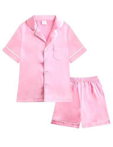 Domusgo Silk Pajamas for Girls Size 8-9 Years Old Pink Kids Short Sleeve PJ Set Soft Loungewear Satin Nightwear