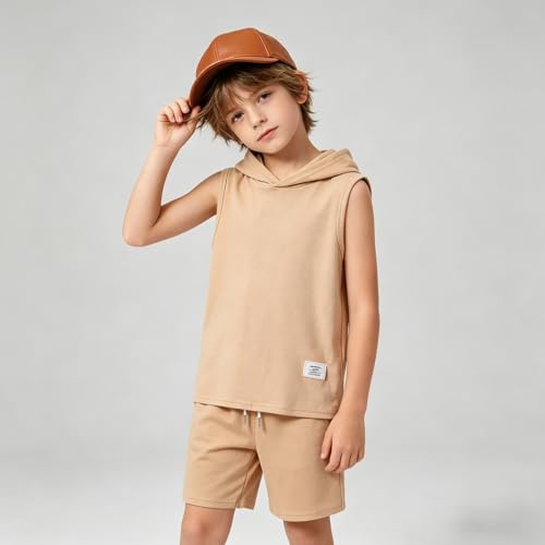 Image of Size 6-12 Years Boys Summer Clothes Hooded Sleeveless Tank Tops Workout Shorts 2 Piece Set Fashion Outfits