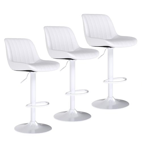 Image of Youhauchair Adjustable Faux Leather Bar Stools Set of 3, White | Swivel, Counter Height, Back & Footrest, Armless, PU, Modern, Kitchen Island Stool, Upholstered Dining Room Chair