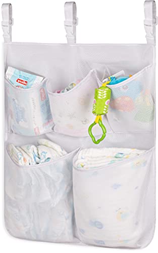 Image of SLEEPING LAMB Baby Nursery Organizer for Clothing Diapers Toys Hanging Storage bag 5 Pockets Bedside Caddy (White)
