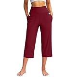 ZERAOKE Women High Waist Pilates Dance Athletic Yoga Capri Pant with Pockets Fashion Loose Fit Casual Pants-Wine Red-L