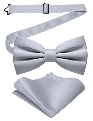 JEMYGINS Ensemble nœud papillon bifold solide mat pour homme avec mouchoir de poche, gris clair, M