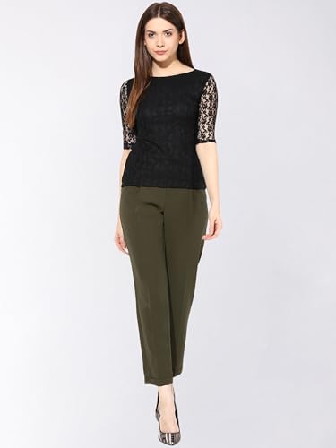 Image of Miss Chase Women's Round Neck Half Sleeves Cotton Lace and Pearl Detailing