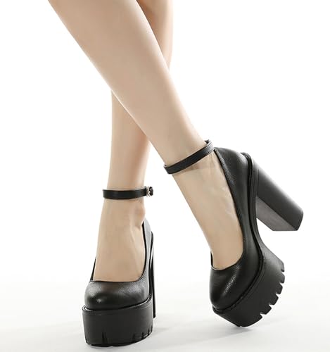 Image of Ulalaza Women Mary Jane Dress Pumps Lolita Shoes Cute Platform Gothic Double Ankle Strap Round Toe Chunky Heel Uniform Pumps Shoes Perfect for School Party Business Work Dance Date Night Club