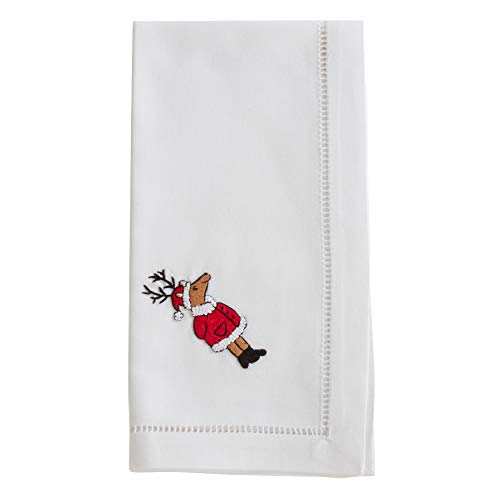 Handmade Santa Reindeer Embroidery Napkin with Hemstitched Border (Set of 6)