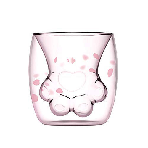 Cat Claw Cup Pink Cherry Printing Cat Paw Mug Cute Cat Foot Shape Transparent Double Wall Coffee Cups Insulated Thermo Milk Tea Juice Wine Whiskey Water Glass Cup 6Oz #TOP5