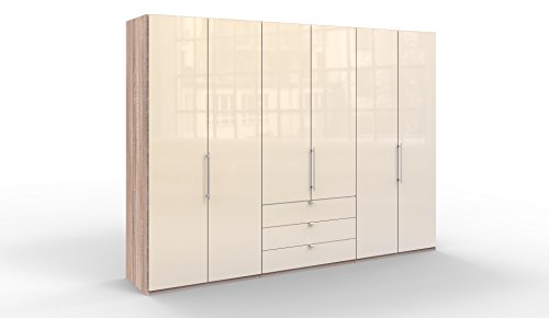 WIEMANN Loft Kleiderschrank, Schlafzimmerschrank, Gleittürenschrank, Drehtürenschrank, mit Schubladen, Glas magnolie, Eiche-sägerau, Holz, B/H/T 300 x 216 x 58 cm