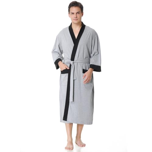 KEMUSI Men's Summer Knee-Length Breathable Absorbent Sleepwear Bathrobe, Mid Sleeve, Grey with Black Trim, Soft and Comfy