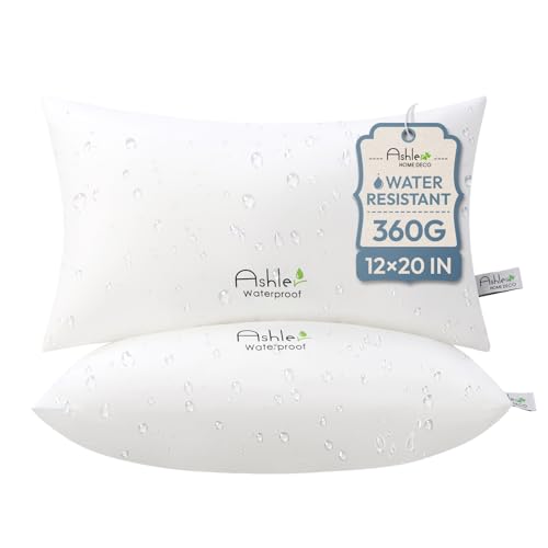 Ashler Home Deco Outdoor Waterproof Pillow Inserts - 12 x 20 Pillow Inserts Set of 2 Water Resistant Patio Furniture Pillows Decorative for Garden Hypoallergenic Lumbar Pillow for Sofa Couch