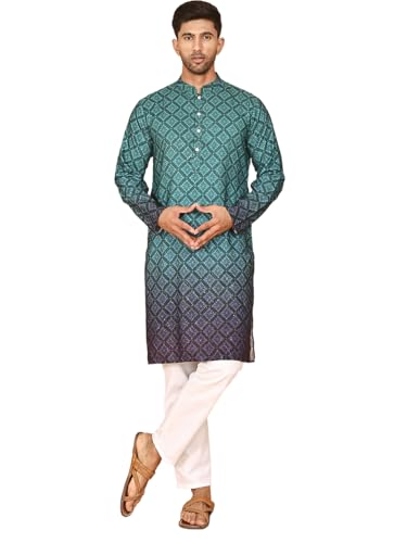 Image of Jompers Thread Work & Mequin Embellimhed Printed Kurta Met for Men (Teal Blue, M)