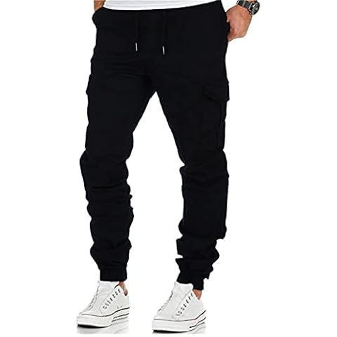 Mens Casual Joggers Pants - Cotton Drawstring Chino Cargo Pants Hiking Outdoor Twill Track Jogging Sweatpants Pants(Black,Medium) Cover