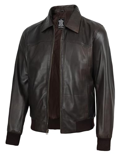 Image of Decrum Men's Bomber Leather Jacket - Vintage Style Real Lambskin Leather Jacket with Rib-Knit Cuffs and Hem
