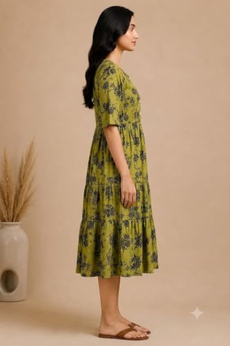 Image of Women's Rayon A-Line Midi Dress, Floral Print, Short Sleeves, Tiered Design, Round Neck, for Summer Wear