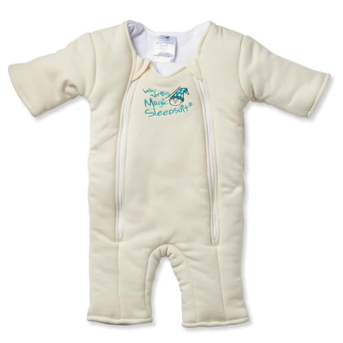 Image of Magic Sleepsuit Baby Merlin's Cotton Baby Swaddle Transition Product - Soft and Cozy Design, Double Zipper for Easy Diaper Changes, Promotes Safe Sleep, 3-6 Months - Cream - Small 12-18lbs