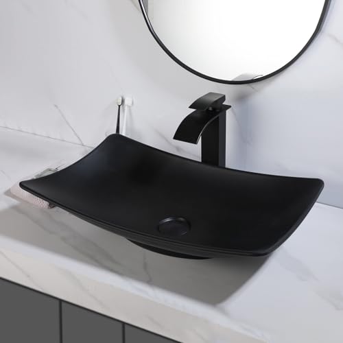Zoyueyu Fregadero rectangular de resina de piedra negra de 22 x 14 pulgadas, fregadero de baño sobre encimera, moderno fregadero negro para tocador de baño (sin grifo)