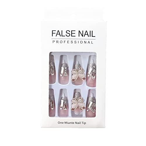 Press on Nails with Designs Medium Length, Coffin Shape Full Cover Reusable False Nails with Glue, Stick on Nails with Chrome Butterfly, Artificial Acrylic Fake Nails for Women, Glue on Nails Square - Image 6