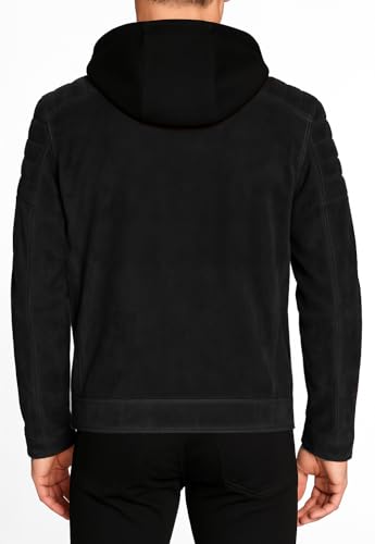 Image of Blaq Ash Men's Suede Biker Jacket with Removable Hood, Quilted Sleeves, Black, Brown, Grey