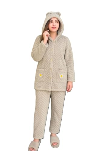 Image of Ukal Women's Wool Blend & Fleece Long Sleeve Pullover Hoodies Set Full Length Winter Nightwear Pajama and top Set Tracksuit Gym Suit Night Suit