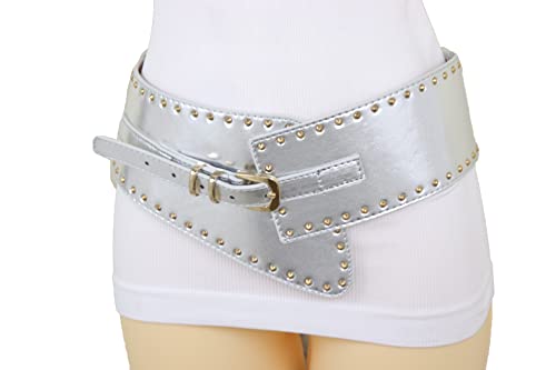 Women Fashion Gold Studs Buckle Western Belt Wide Faux Leather Elastic Silver S3