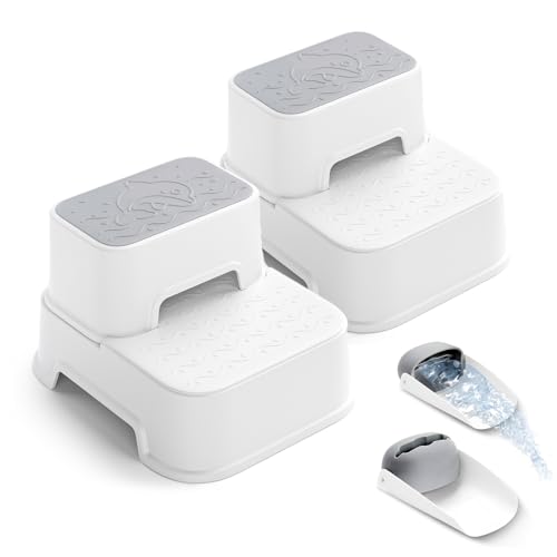 Image of Two Step Stool for Kids, Double up Baby Child Toddler Stepping Stool for Potty Training,Bathroom Sink,Kitchen,Toilet Stool with Anti-Slip Strips, Stackable, Wide Step (2 Packs White+2 Faucet Extender)