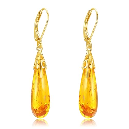 POPLYKE Lotus Hummingbird Bee Earrings 925 Sterling Silver Teardrop Moonstone Amber Onyx Lapis Lazuli Larimar Rose Quartz Moss Agate Dangle Earrings for Women Gemstone Jewelry