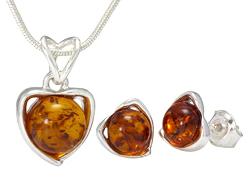 Juego de regalo de collar y pendientes de plata para mujer con ámbar báltico de coñac
