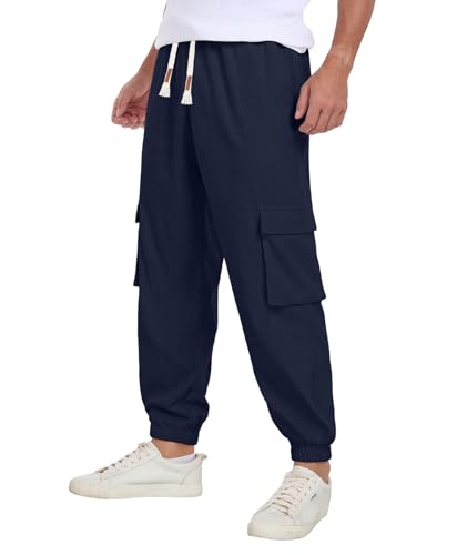 Askdeer Mens Corduroy Joggers Pants Casual Cargo Pants Drawstring Elastic Waist Baggy Tapered Sweatpants with 5 Pockets Navy Blue