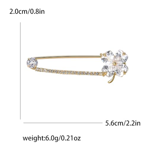 Image of Dainty Clover CZ Brooch Safety Pins Clip Scarf Sweater Shawl Waist Pants Luxury Sparkly Rhinestones Brooches for Collar Dress Skirt Suit Fashion Jewelry for Shamrock Party Birthday 2.2in