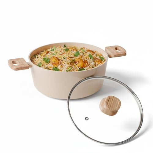 Image of Lifelong Forged Casserole 24 cm with Non-Riveted Wooden Handle & Glass Lid | Ceramic Coated | 4.4L Capacity Serves 5-6 | for Curries, Dal & Pulao | Induction & Gas Compatible | PFOA-Free Non-Stick