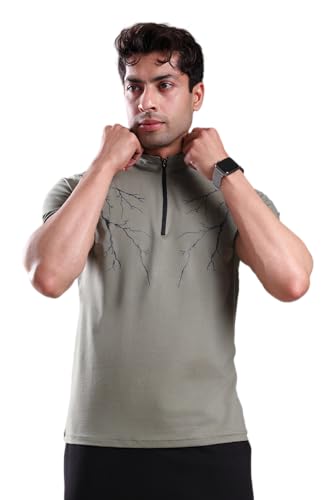 Image of GROW Stylish Gym T Shirts for Men Workout | Cotton and Spandex Quarter Zip Back Printed Collar T Shirts for Men Half Sleeves
